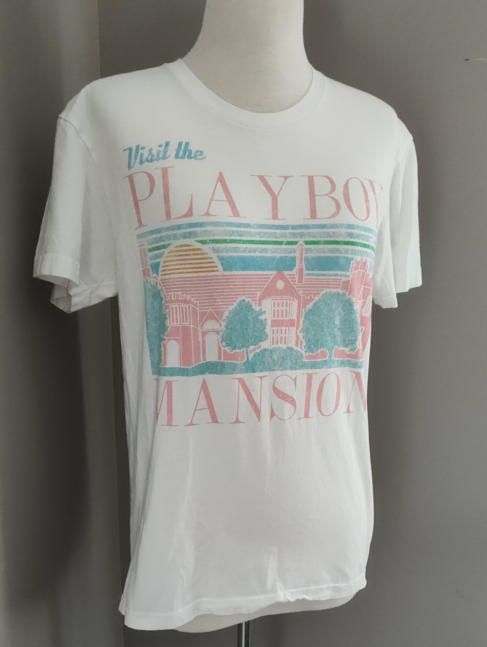 PLAYBOY Vintage White Cotton Tee with Pink & Teal Graphic